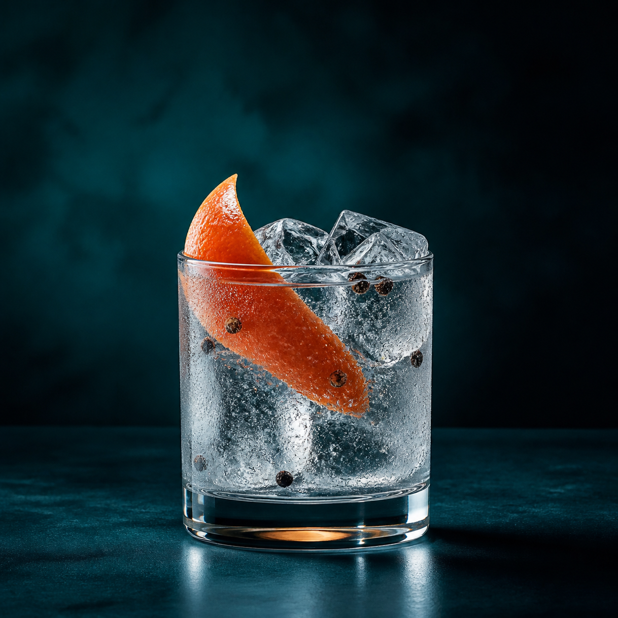 Blackwoods Navy Strength Gin 2021 served with Fever-Tree Indian Tonic Water, garnished with Grapefruit peel and Black peppercorns