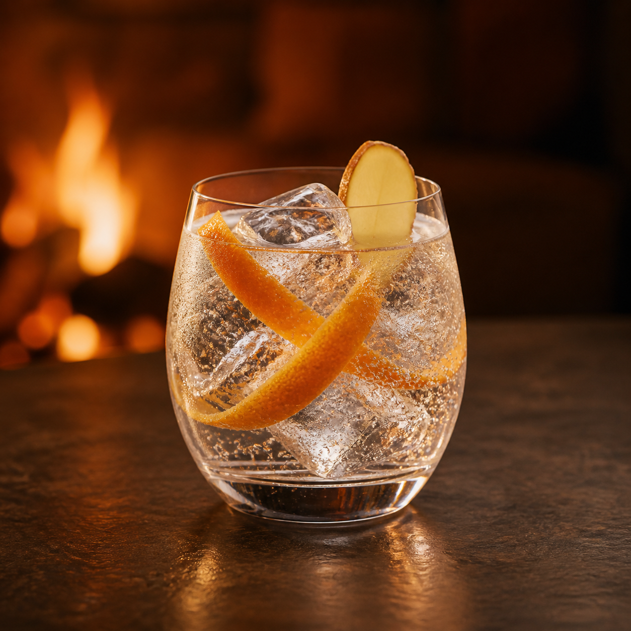 Biggar Bonfire Gin served with Fever-Tree Indian Tonic Water, garnished with Orange peel and Fresh ginger slice