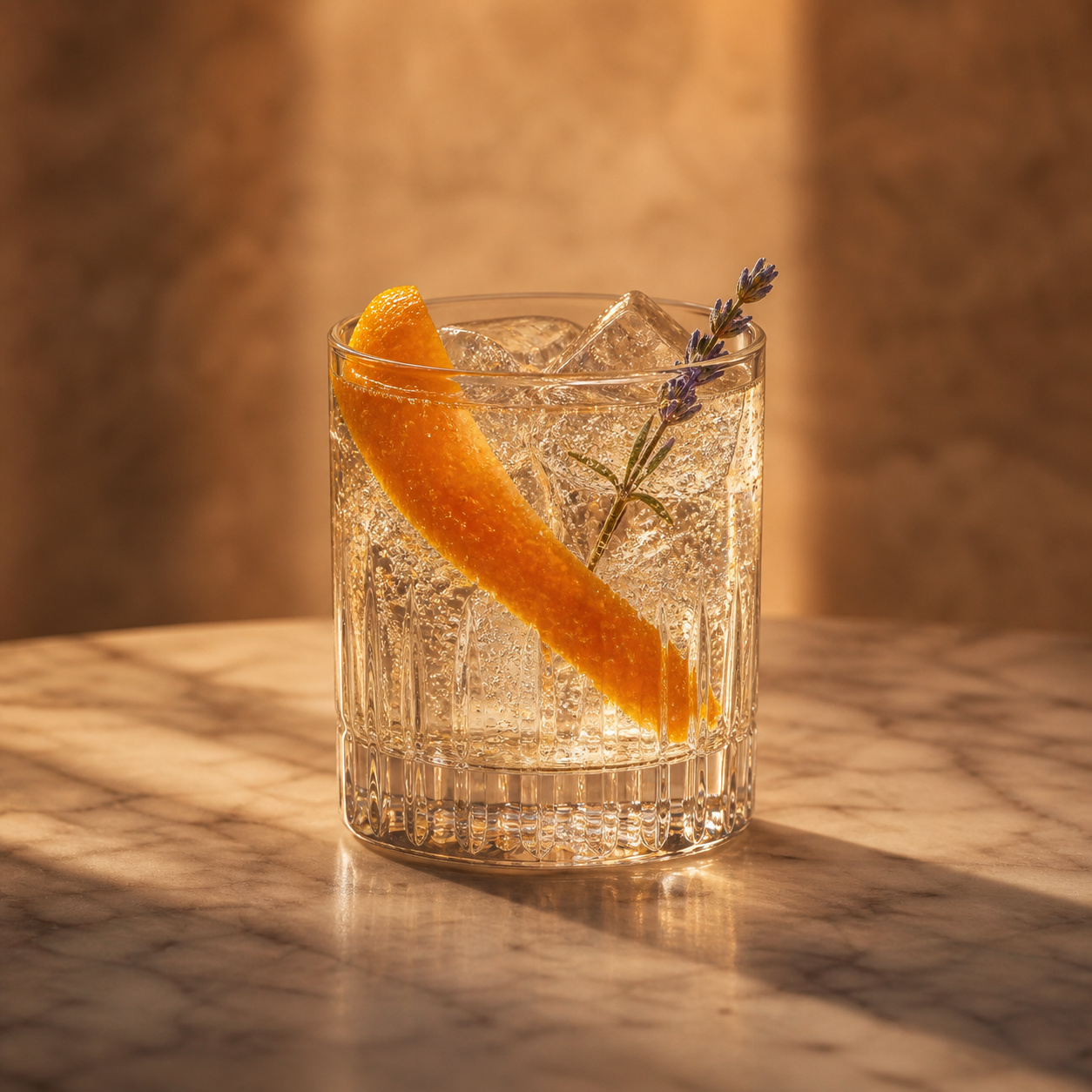 Biggar Old Tom Gin servi avec Fever-Tree Mediterranean Tonic Water, agrémenté de Orange peel et Lavender sprig