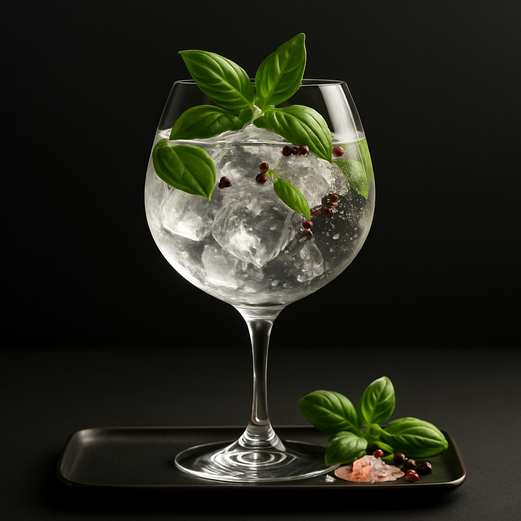 Generous Gin served with Thomas Henry Tonic Water, garnished with Basil leaves and Himalayan salt