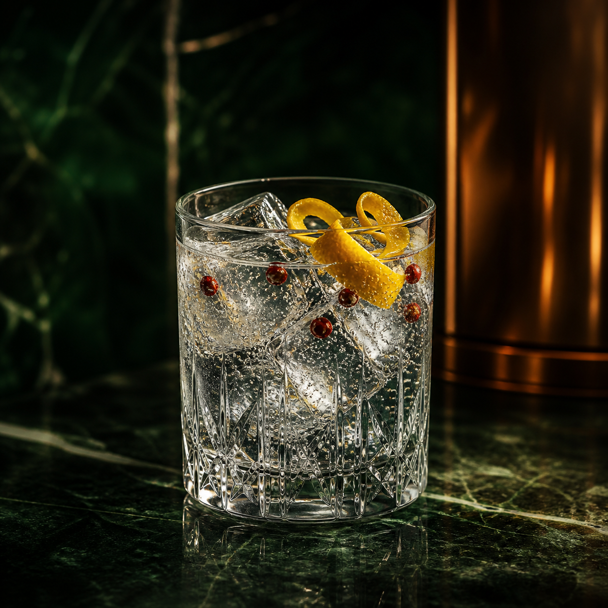 Biggar Strength Gin served with Fever-Tree Indian Tonic Water, garnished with Lemon peel and Pink peppercorns