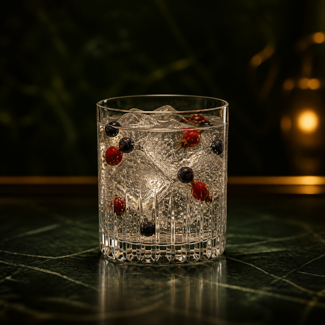 Crossbill 200 Single Specimen Dry Gin 2025 served with Fever-Tree Indian Tonic Water, garnished with Juniper berries and Rosehip berries