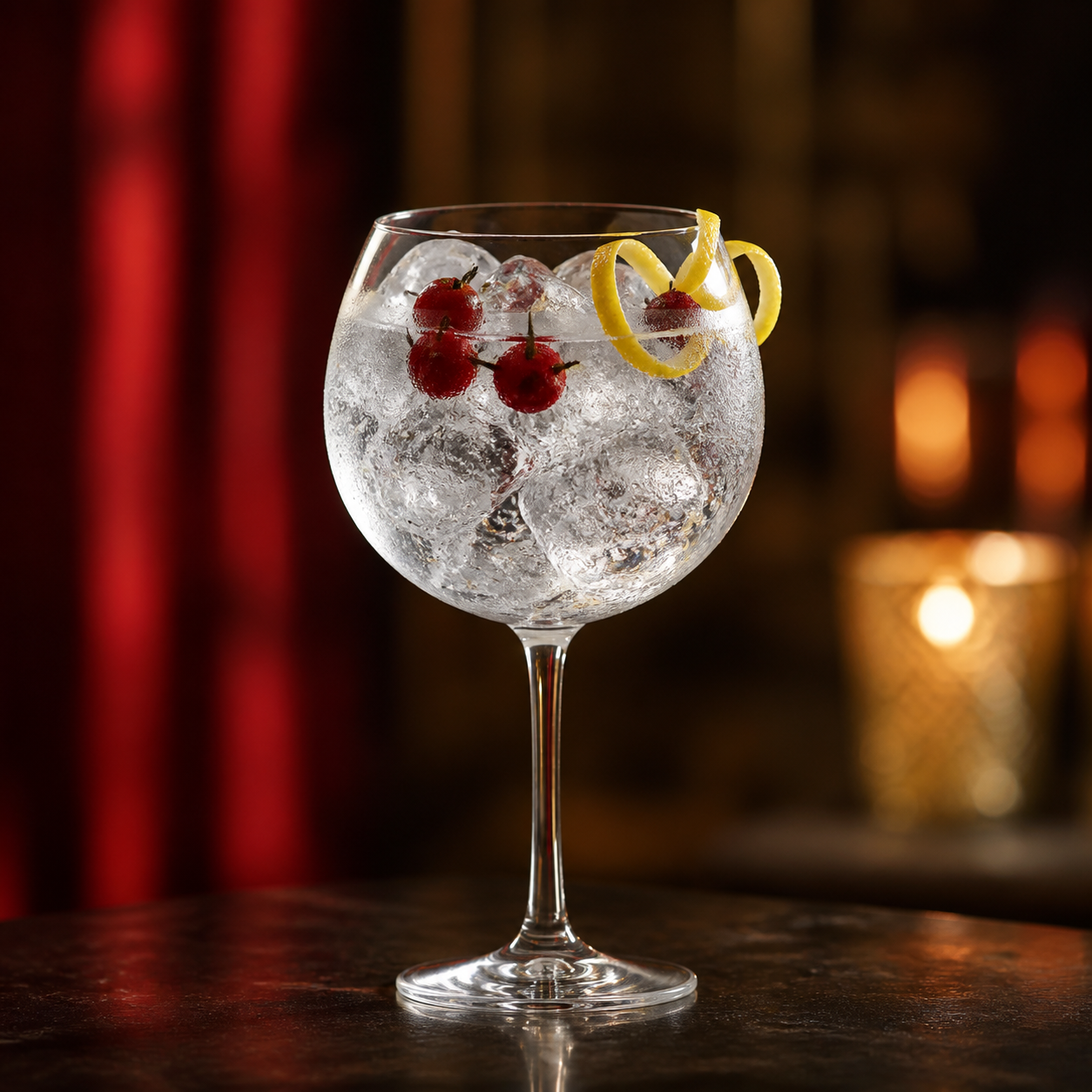 Crossbill Red Dry Gin served with Fever-Tree Indian Tonic Water, garnished with Rosehip berries and Lemon peel twist