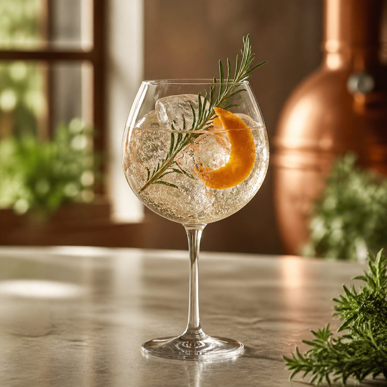 Biggar Herbaceous Gin servi avec Fever-Tree Mediterranean Tonic Water, agrémenté de Rosemary sprig et Orange peel twist