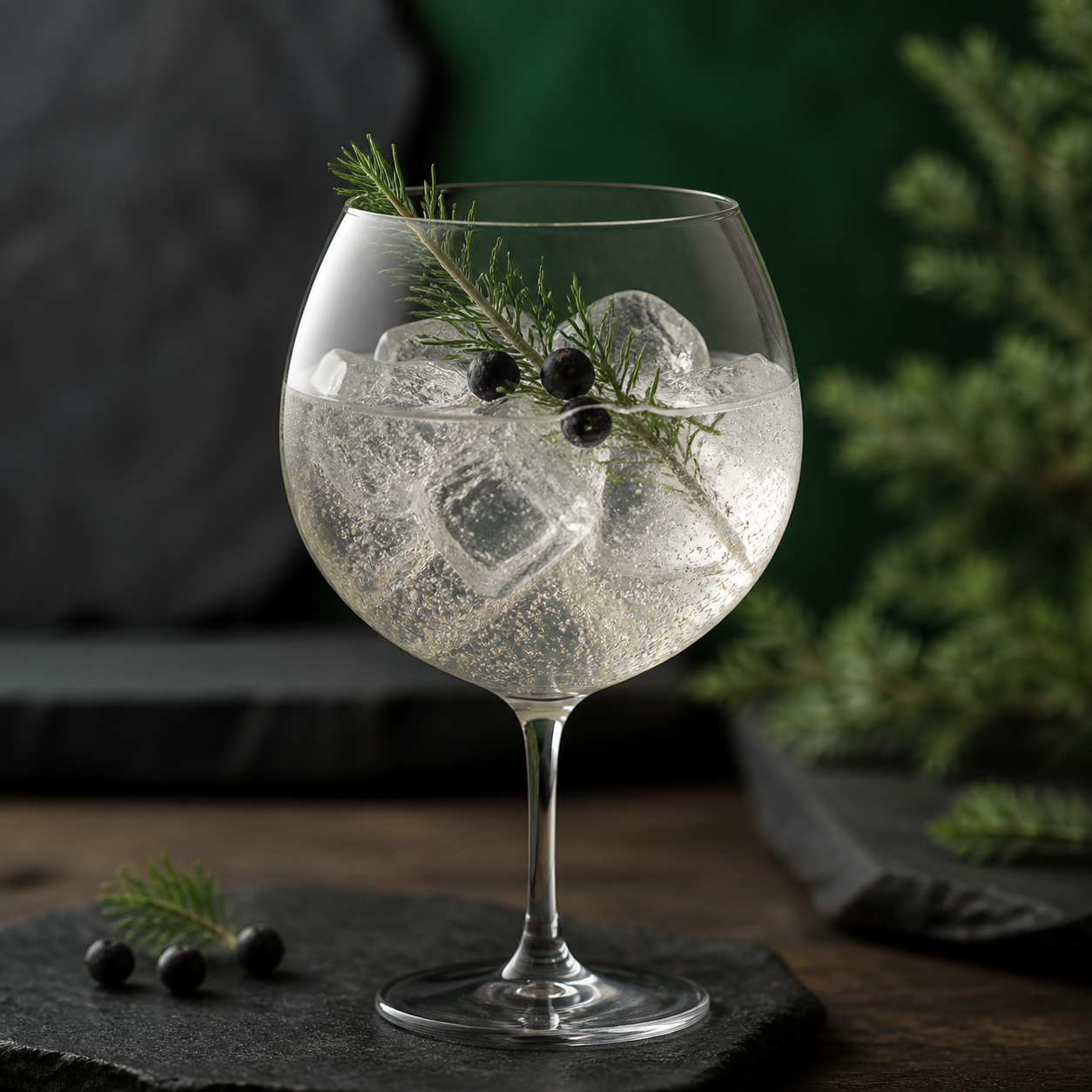 Crossbill Green Dry Gin served with Fever-Tree Indian Tonic Water, garnished with Juniper sprig and Juniper berries