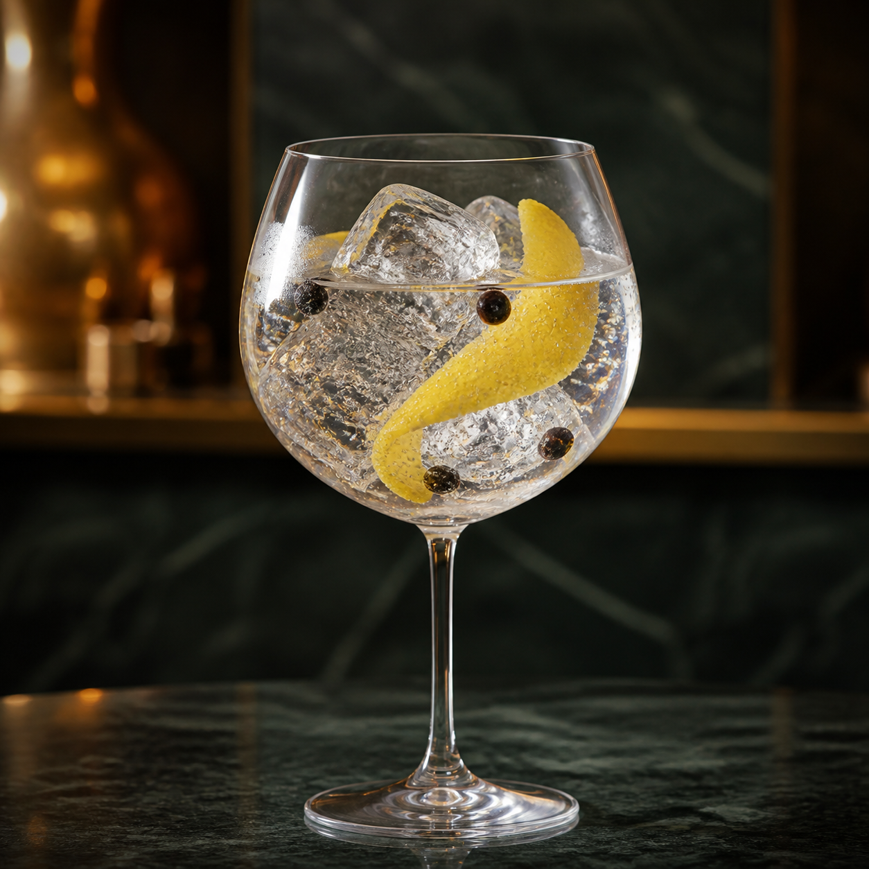 Height of Arrows Homeland served with Fever-Tree Mediterranean Tonic Water, garnished with Lemon peel twist and Juniper berries