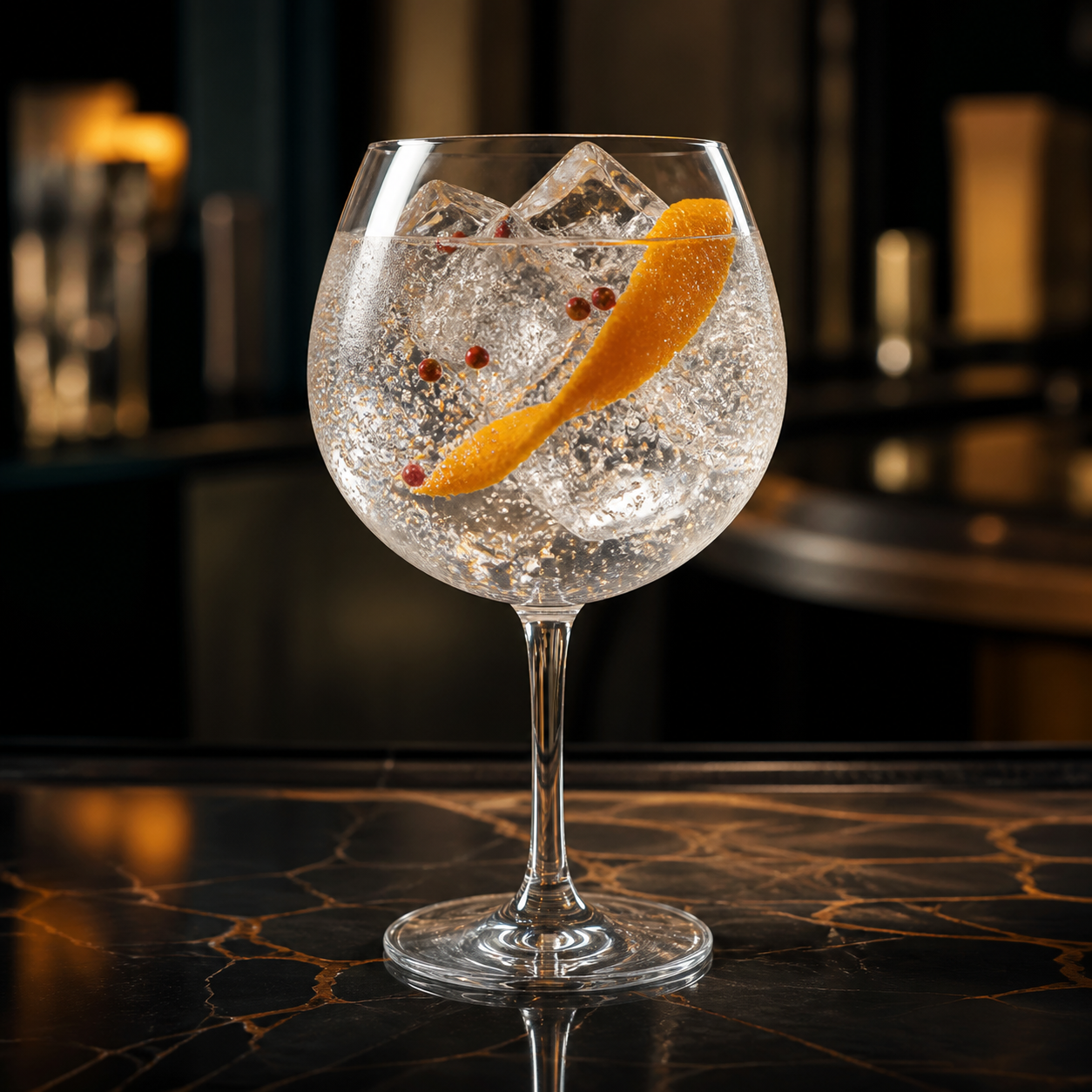Glaswegin Weegie Strength Gin served with Fever-Tree Indian Tonic Water, garnished with Orange peel twist and Pink peppercorns