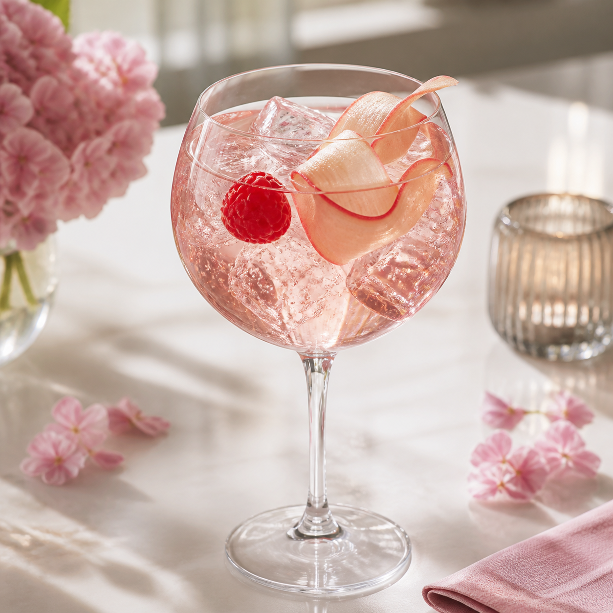 Glaswegin Raspberry & Rhubarb Gin servi avec Fever-Tree Elderflower Tonic Water, agrémenté de Fresh raspberry et Rhubarb ribbon
