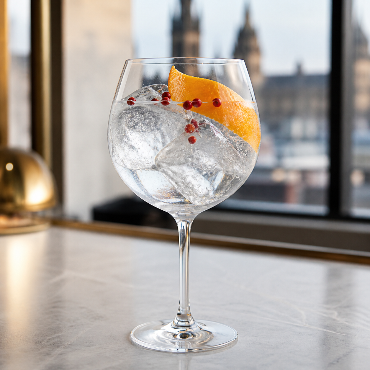 Glaswegin Original Gin servi avec Fever-Tree Indian Tonic Water, agrémenté de Orange peel twist et Pink peppercorns