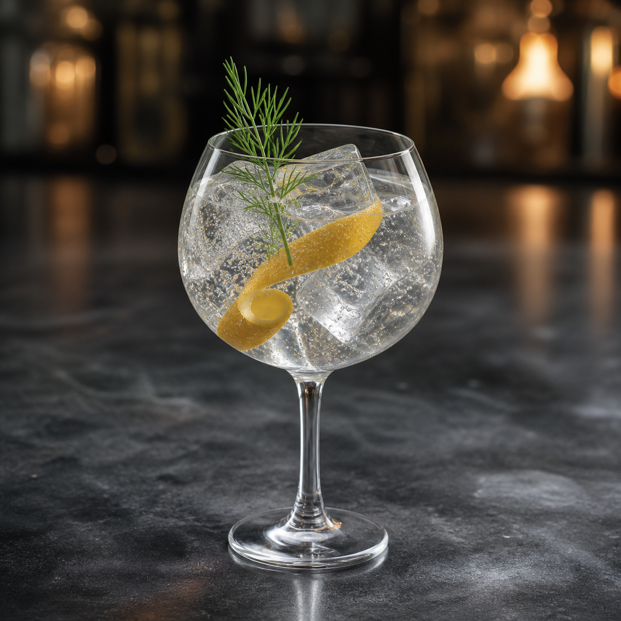 Achroous Gin served with Fever-Tree Indian Tonic Water, garnished with Lemon peel twist and Fennel frond