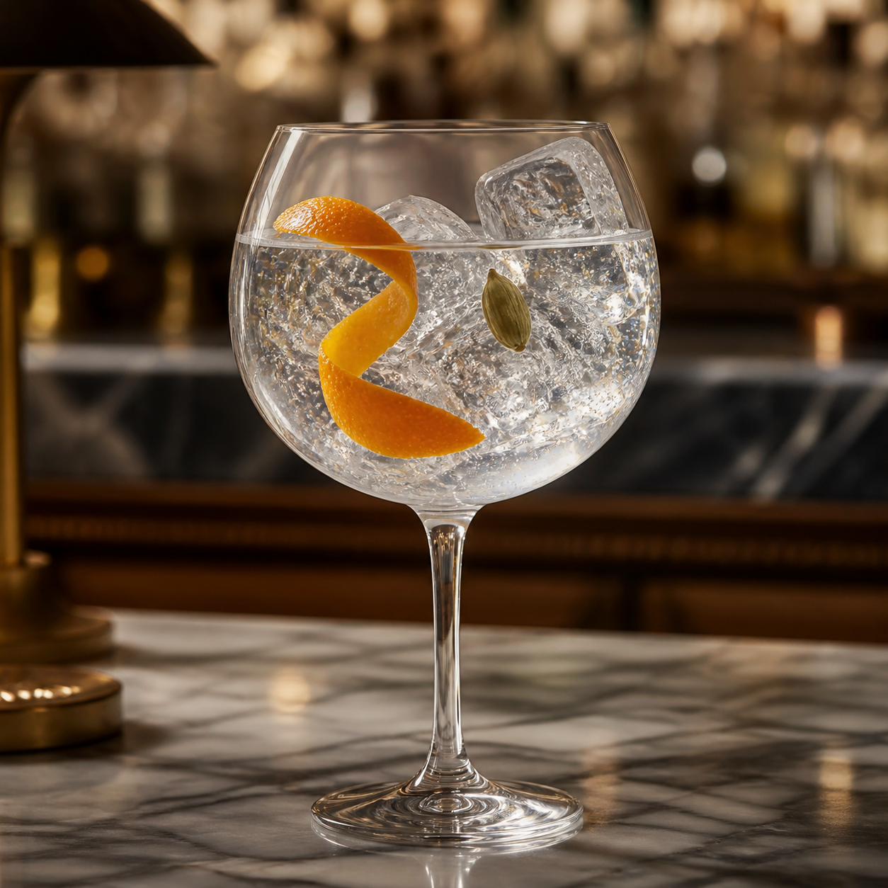 Eden Mill Golf Gin servi avec Fever-Tree Indian Tonic Water, agrémenté de Bitter orange peel twist et Cardamom pod