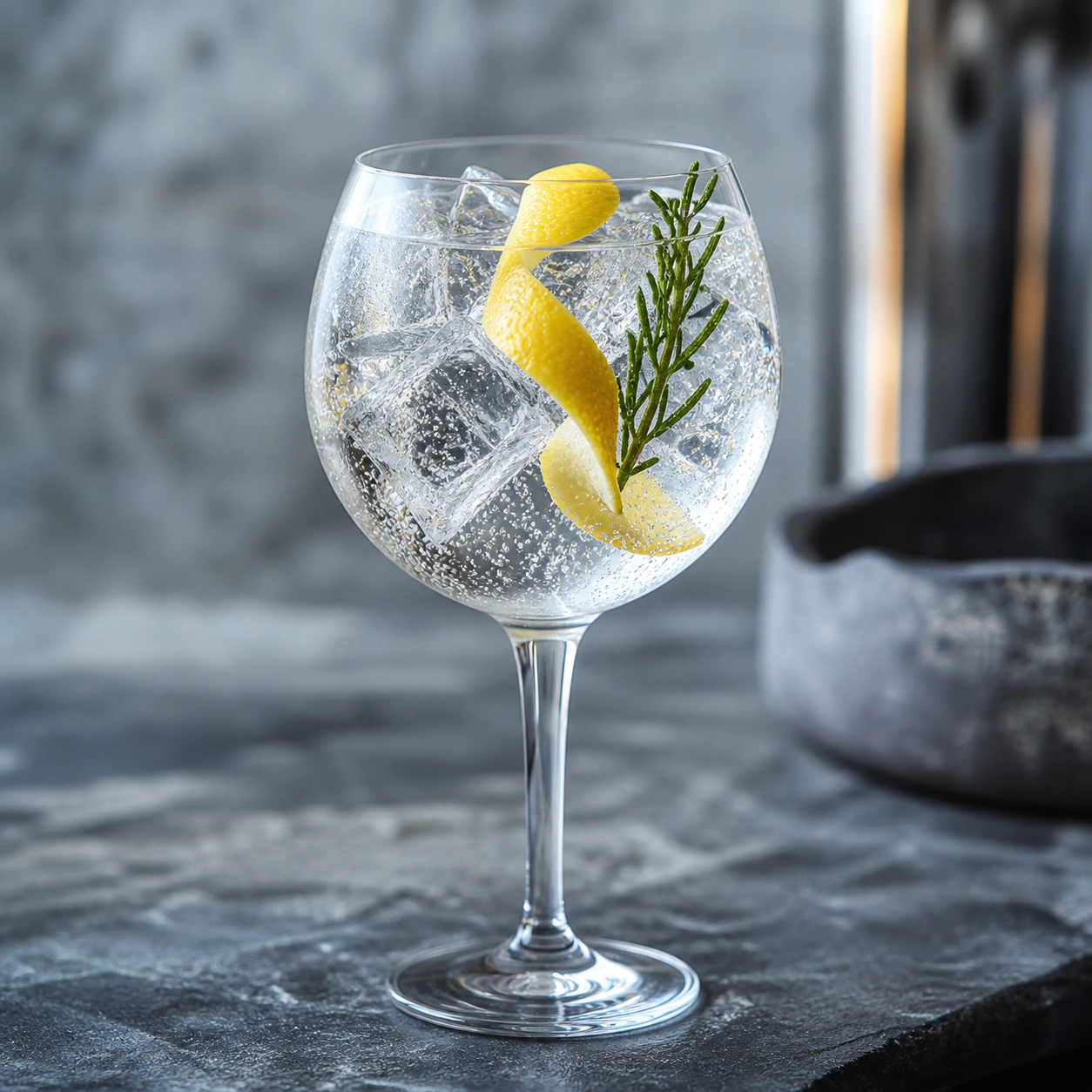 NORGIN London Dry Gin served with Fever-Tree Mediterranean Tonic Water, garnished with Lemon peel twist and Small samphire sprig
