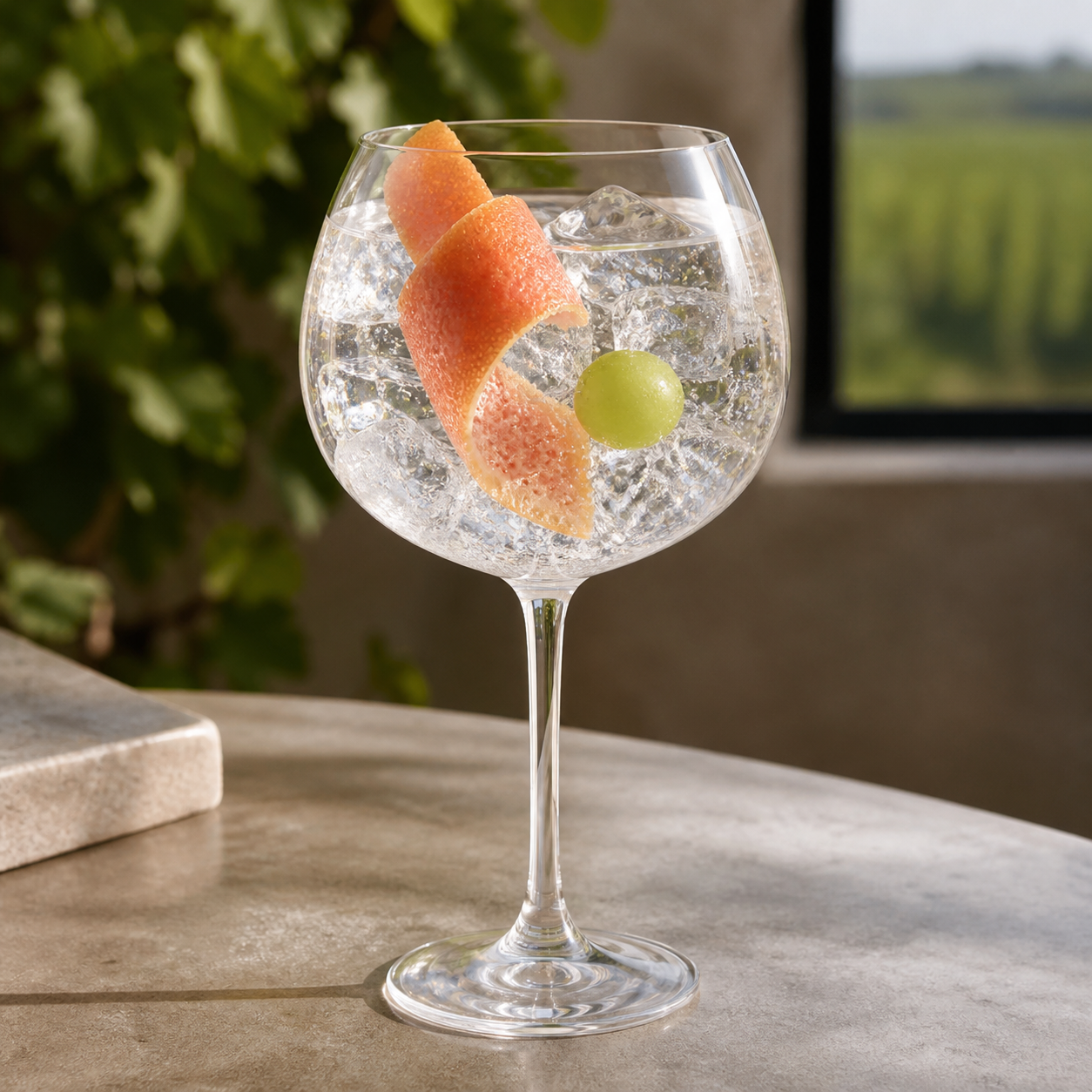 Astobiza Dry Gin served with Fever-Tree Mediterranean Tonic Water, garnished with Grapefruit peel twist and White grape