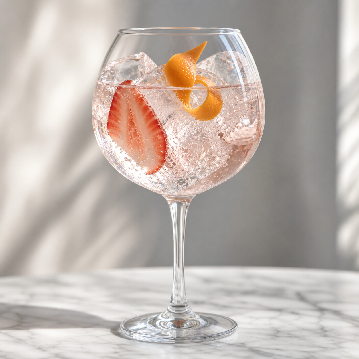 Ostgota Pink Gin served with Fever-Tree Elderflower Tonic Water, garnished with Thin strawberry slice and Orange peel twist