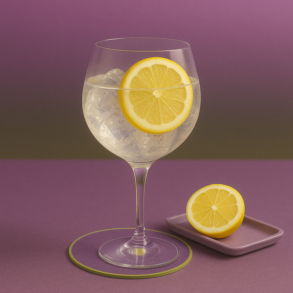 Gin d'Avril served with Thomas Henry Tonic Water, garnished with Lemon slice and Fresh thyme sprig